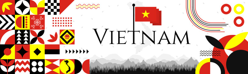 Vietnam Independence Day abstract banner design with flag and map. Flag color theme geometric pattern retro modern Illustration design. Red and Yellow flag color template. © Hadducc