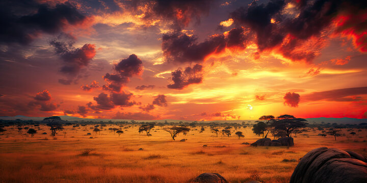 View of the African savannah at sunset