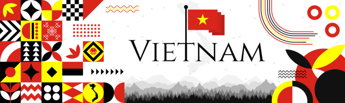 Vietnam Independence Day abstract banner design with flag and map. Flag color theme geometric pattern retro modern Illustration design. Red and Yellow flag color template.