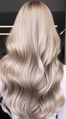 Naklejka premium young woman with perfect blond hair in wavy styling in beauty salon after service.back view. Banner or poster. Social media content for beauty salons. Generative AI