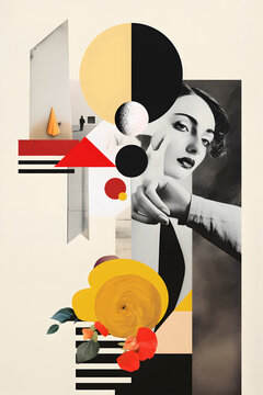 Title: Abstract surreal collage art mood board Concept. Portrait of woman, pop bold vibrant, contemporary, shapes geometric artistic, different modern elements and symbols
