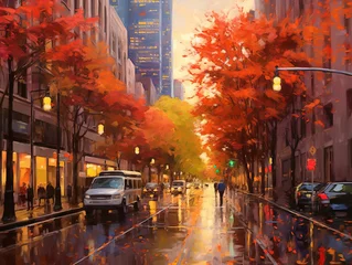 Fotobehang Aquarelschilderij wolkenkrabber Urban autumn landscape with skyscrapers and architecture. Street of the evening city in the season of leaf fall. A European modern city after an autumn rain. Digital painting. AI Generated