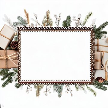 christmas card happy new year greeting card frame with christmas wreath pine leaves and flower and christmas present on white background generative ai