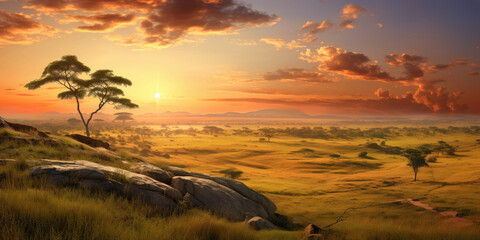 African savannah view at sunset. Generative AI - obrazy, fototapety, plakaty