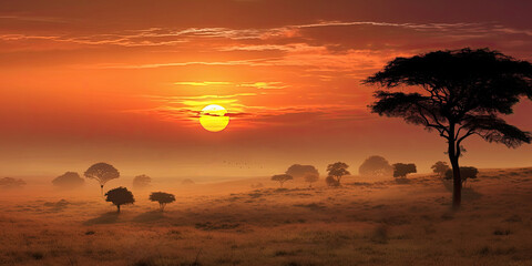 African savannah view at sunset. Generative AI - obrazy, fototapety, plakaty