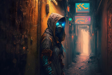 Fototapeta na wymiar A Lone Cyberpunk Assassin Stalking Their Prey Through A Dark Valley