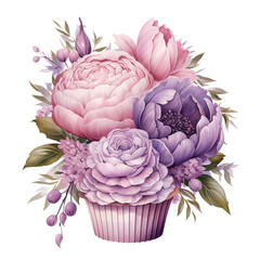 Cupcake with pink peonies watercolour purple lavender illustration , Isolated PNG