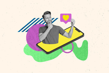 Creative abstract template collage of young man hold paper heart notification icon thinking minded device gadget display social media date