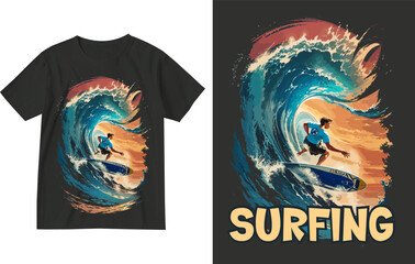 Surfing t shirt design . Surfing illustration t shirt design . Surf rider t shirt . Surf lover t shirt . Surfer t shirt . Surfing illustration . Surfer t shirt template .Wave rider t shirt .Wave lover