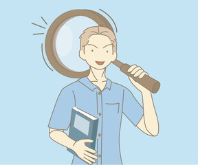 Man holding a book and a magnifying glass. Hand drawn style vector design illustrations