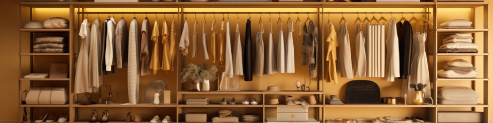 Dressing room interior with stylish clothes and accessories. Generative AI