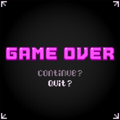Game over text in 8 bit pixel art. Background icon for retro games in vector illustration.