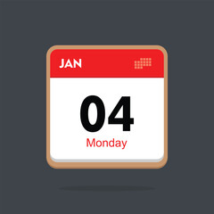 monday 04 january icon with black background, calender icon