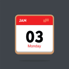 monday 03 january icon with black background, calender icon