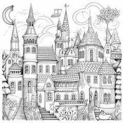 Obraz premium Cartoon city, monochrome drawing in sketch style. Generative AI