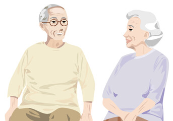 笑顔で会話する老夫婦のフラットカラーイラスト