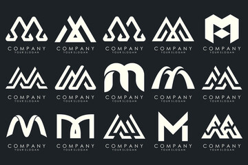 Set of letter M logo design vector. Collection of modern M letter design in white.