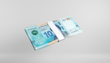 A stack of ten tunisian dinars cash bills on a white neutral background. Isolated. 3d render