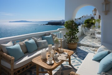 Fototapeta na wymiar Close-Up of Luxurious lounge on a Traditional Greek Island Terrace with a Stunning Sea View.