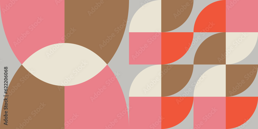Poster Geometric abstract vector seamless pattern with circles, rectangles and squares in retro Bauhaus style. Pastel colored simple shapes graphic background.