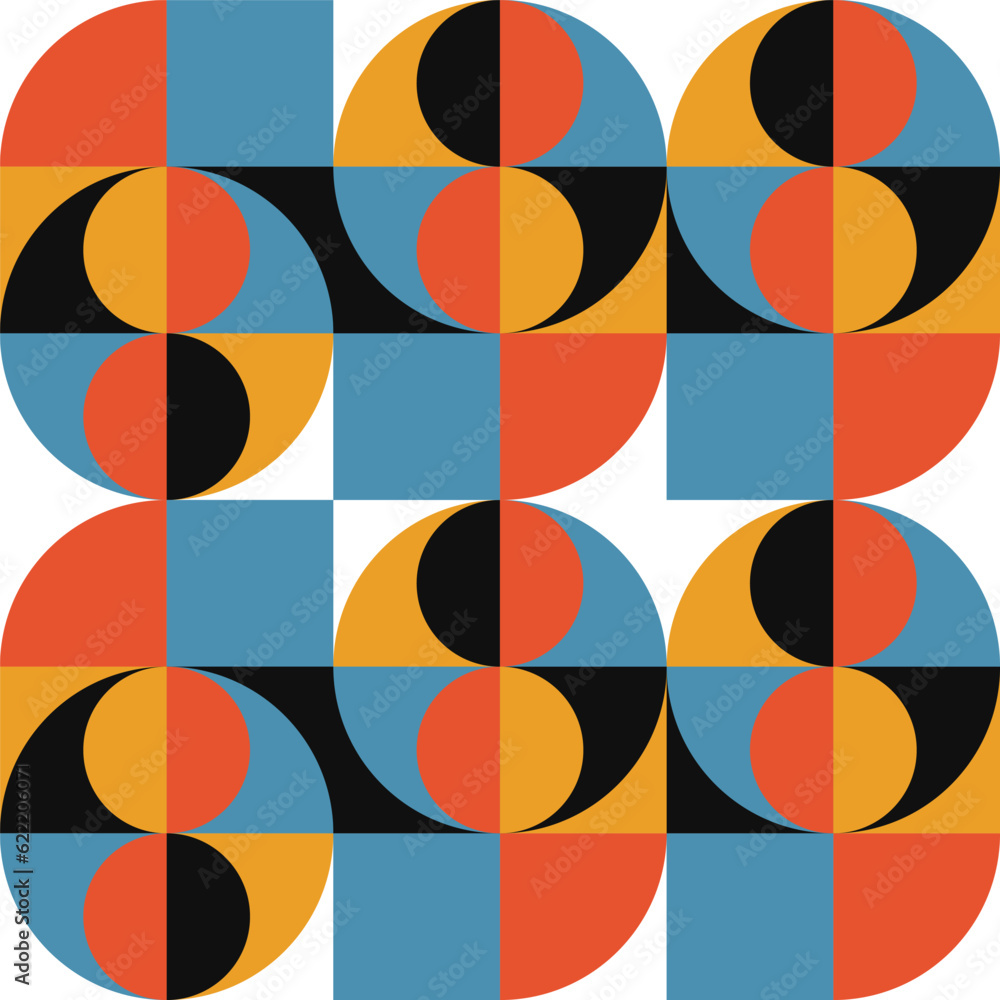Aufkleber Geometric abstract vector seamless pattern with circles, rectangles and squares in retro Bauhaus style. Pastel colored simple shapes graphic background.