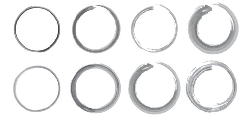 Splash watercolor brush set in round shape. Modern abstract grunge rings or circles collection.