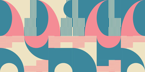 Modern vector abstract  geometric background with circles, rectangles, squares and stripes  in retro Bauhaus style. Pastel colored - 622206055