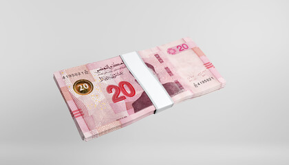 A large stack of twenty dinars cash bills on a white neutral background. Isolated. 3d render