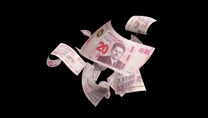 Money stack. Tunisian twenty dinars bills. Falling money isolated, dinar bill black background 3d render - obrazy, fototapety, plakaty