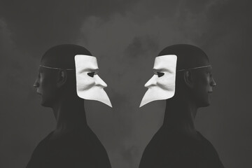 Two men from behind with masks, surreal lies concept