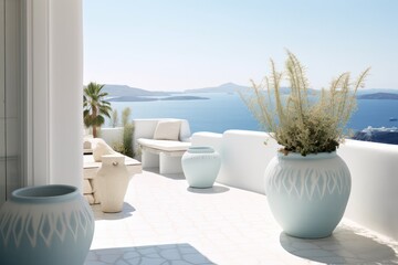 Luxurious Mediterranean Living Room with a Close-Up of Deck Chairs on a Sunny Balcony Overlooking the Sea.