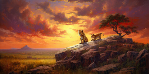 Wild lions in the African savannah at sunset. Generative AI