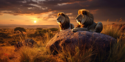 Wild lions in the African savannah at sunset. Generative AI - obrazy, fototapety, plakaty