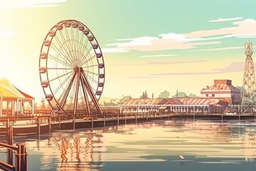 Theme park, Amusement park, Animation background with Ferris Wheel anime style, created with Generative AI