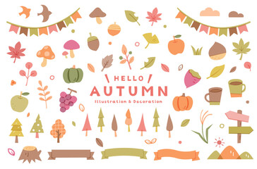 Fototapeta na wymiar 秋のラフでシンプルなイラストセット　飾り　装飾　モミジ　紅葉　食べ物　かぼちゃ　りんご　リボン　葉
