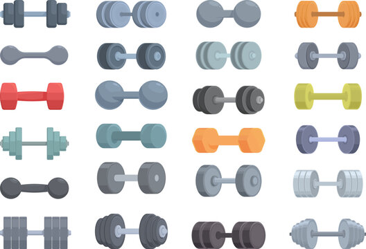 Dumbbells icons set cartoon vector. Exercise equipment. Home workout