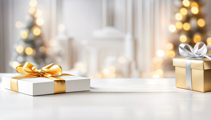Beautiful christmas gifts on white table with blurred christmas trees and lights in the background