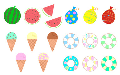 カラフルな夏のイラストセット―スイカ・水風船・アイス・浮き輪
