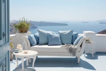 Sleek and luxurious Mediterranean lounge area with a Close-Up of balcony on a summer vacation day in greece