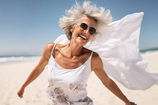 AI generated image of happy dancing mature woman at the beach