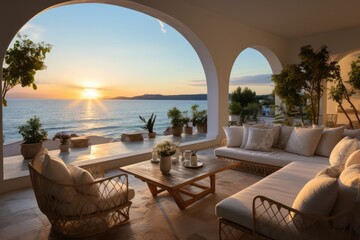 Interior Design of a Luxurious Greek Island Villa. Close-Up of chairs and sofa on a terrace with a Stunning Sea Sunset View