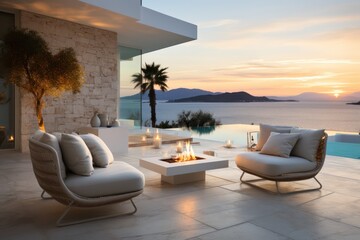 Fototapeta na wymiar Interior Design of a Luxurious Greek Island Villa. Close-Up of chairs and sofa on a terrace with a Stunning Sea Sunset View