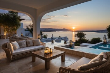 Fototapeta premium Interior Design of a Luxurious Greek Island Villa. Close-Up of chairs and sofa on a terrace with a Stunning Sea Sunset View