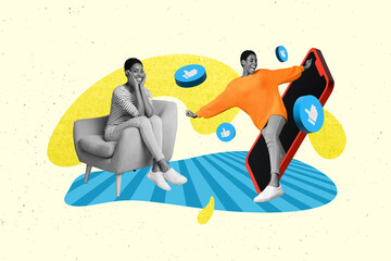 Image sketch artwork collage of positive girls friends bloggers spend time instagram telegram facebook sit chair rejoice positive feedback