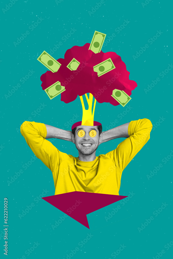 Poster creative magazine collage image of lucky guy having head explosion winning cash isolated colorful ba