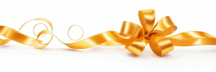 A curly gold ribbon for Christmas and birthday present banner isolated against a white background - Generative AI