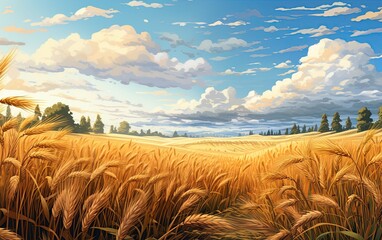 Wheat field and blue cloudy sky. Illustration design. Generative Ai