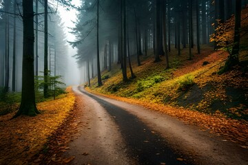 Autumn forest scenery with road of fall leaves & warm light