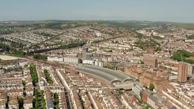 Rising Aerial Shot Of Brighton Railway Station