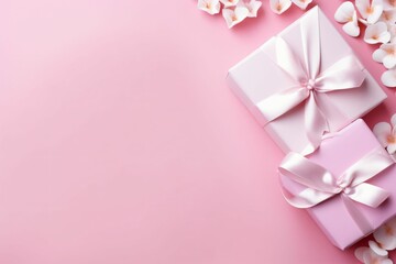 Top view photo of woman's day composition white gift boxes with pink bows curly silk ribbon small hearts - Generative AI